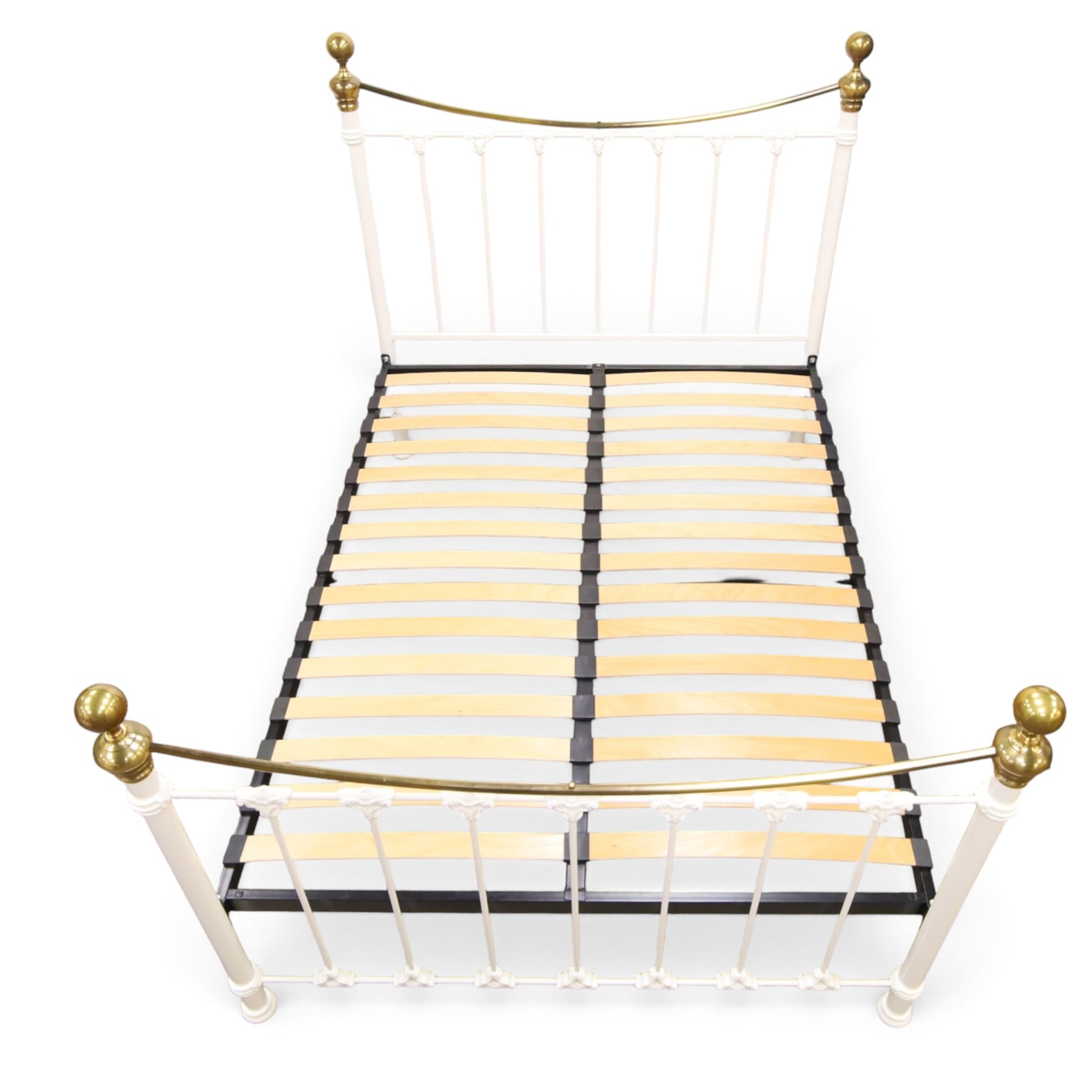And So To Bed - Victorian design 'Juniper' brass and white painted double bed, the head and foot-boards with brass finials and curved cresting rails