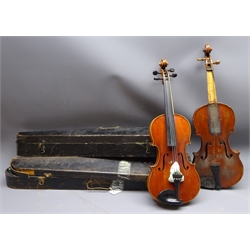  Early 20th century continental violin with 35cm two-piece maple back and ribs and spruce top, L58cm overall, in ebonised wooden carrying case with bow, another similar part violin in ebonised wooden case with bow, two tailpieces and chin rest  