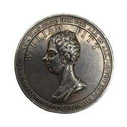 19th century silver medallion, commemorating the death of William Pitt, marked 'Oh My Country' above over a tomb and mourning Britannia, reverse with bust and motto border, 'we shall not look upon his like again', D5cm
