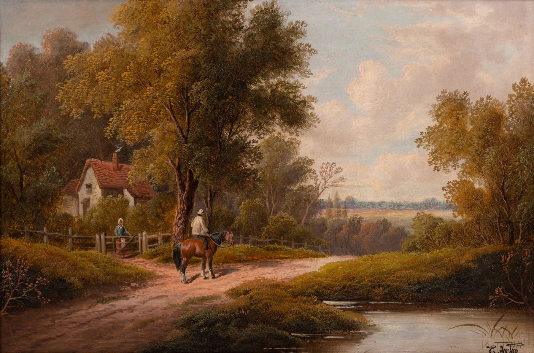 Etty Horton (British exh. 1892-1905): Rural Scenes with Figures and Cattle Watering, pair oils on canvas signed 39cm x 59cm (2)