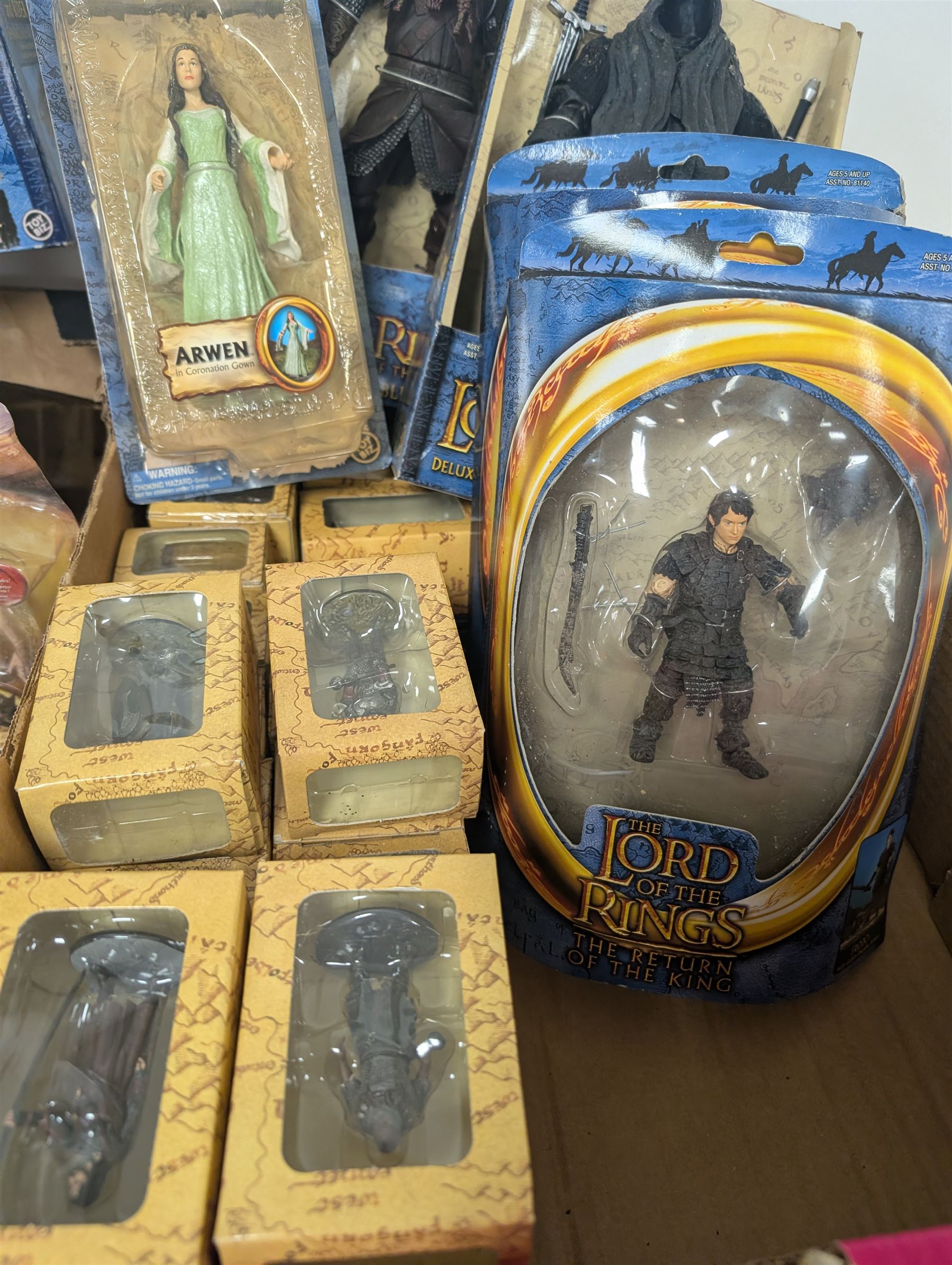 Lord of the Rings action figures, including Toy Biz Gimli, Ring Wraith, Frodo, Treebeard, Deluxe Beast and Rider set, etc and Eaglemoss collectors models, some with magazines, in two boxes