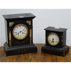  Victorian architectural style black slate and marble cased mantel clock, white enamel dial with Roman numerals enclosing French brass eight day movement striking on a gong (H30cm) and another similar smaller Victorian mantel clock (2)  