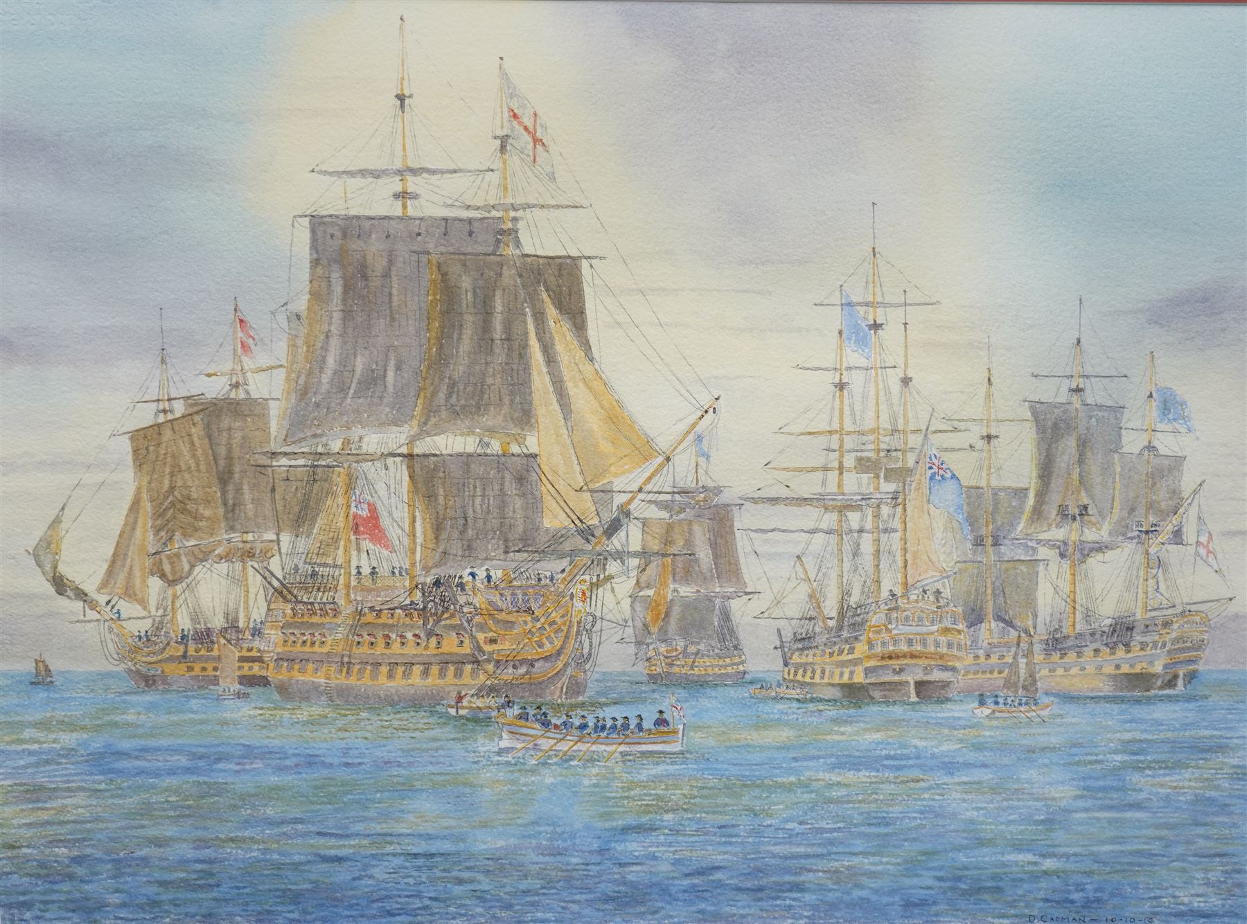 David Cadman (British Contemporary): 'Nelson's Flagships', watercolour signed and dated, titled on the mount 53cm x 73cm