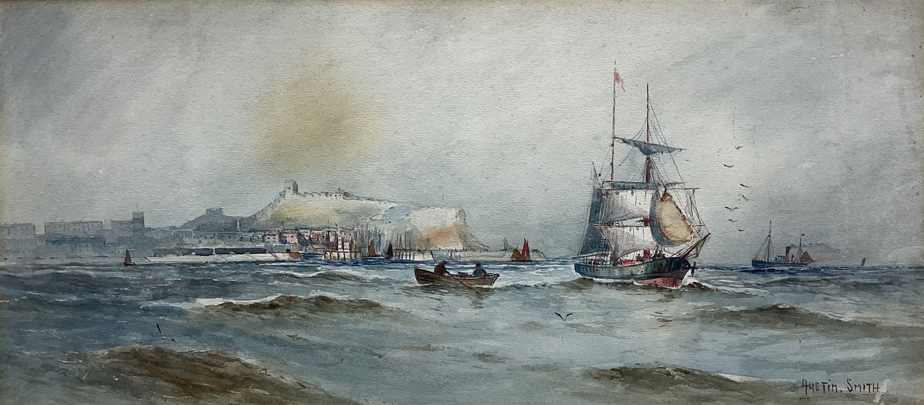 Austin Smith (British early 20th century): Shipping off Scarborough, watercolour signed 21cm x 47cm