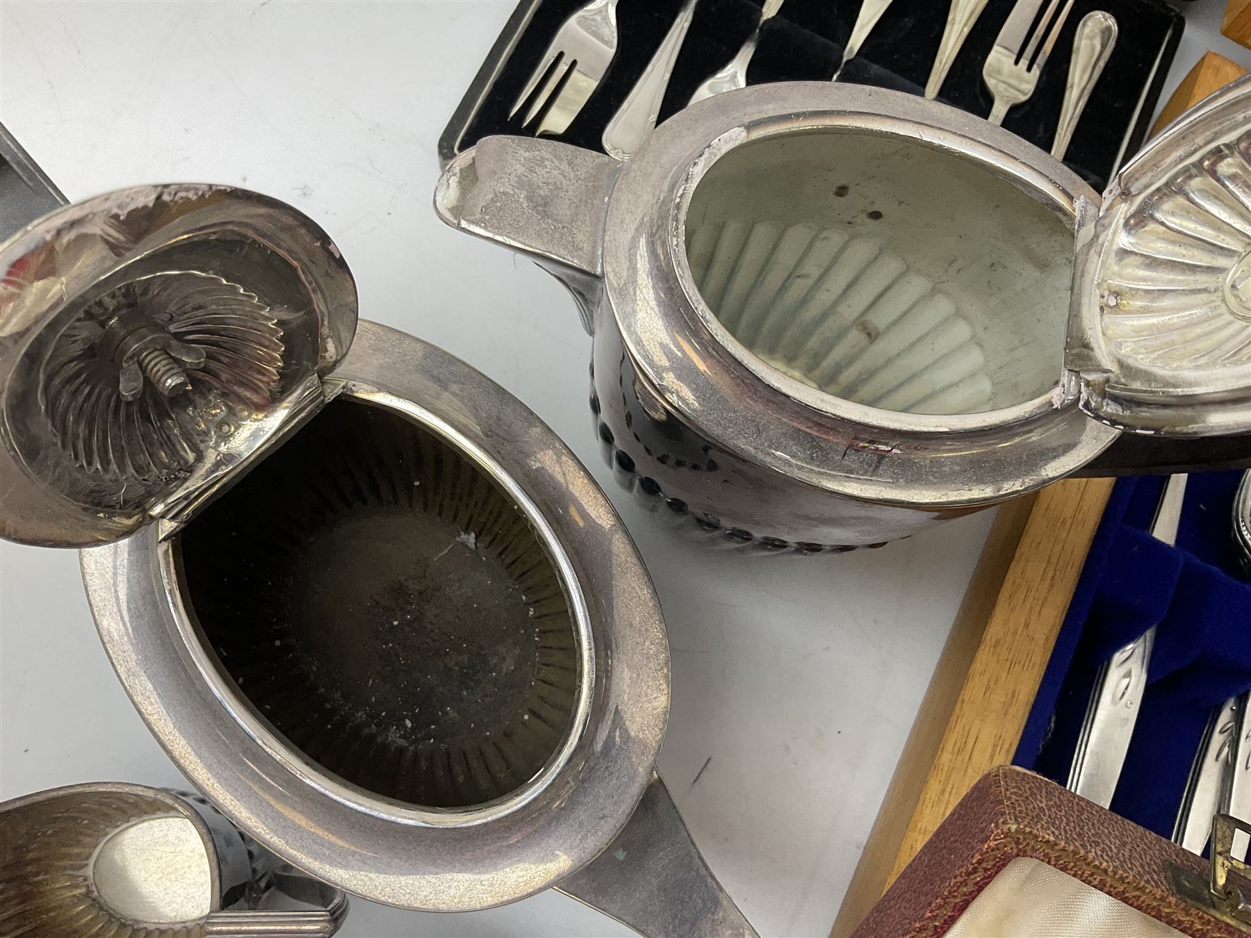 Silver mounted glass cruet set, Hallmark Walker & Hall, together with silver plate cased canteen, tea set etc