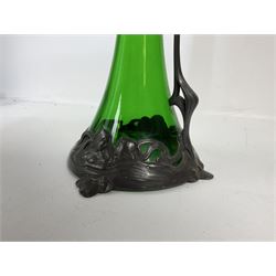 Early 20th century WMF Art Nouveau pewter and green glass ewer, of swept cylindrical form, having a pierced stopper and handle of entwined stems and berry design, the base cast as water nymphs with flowing hair and lily pads, H38cm