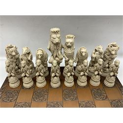 Chess set and resin chess pieces moulded as various animals, the pawns as monkeys, Kings as lions etc, board L46cm, W46cm, king H19cm