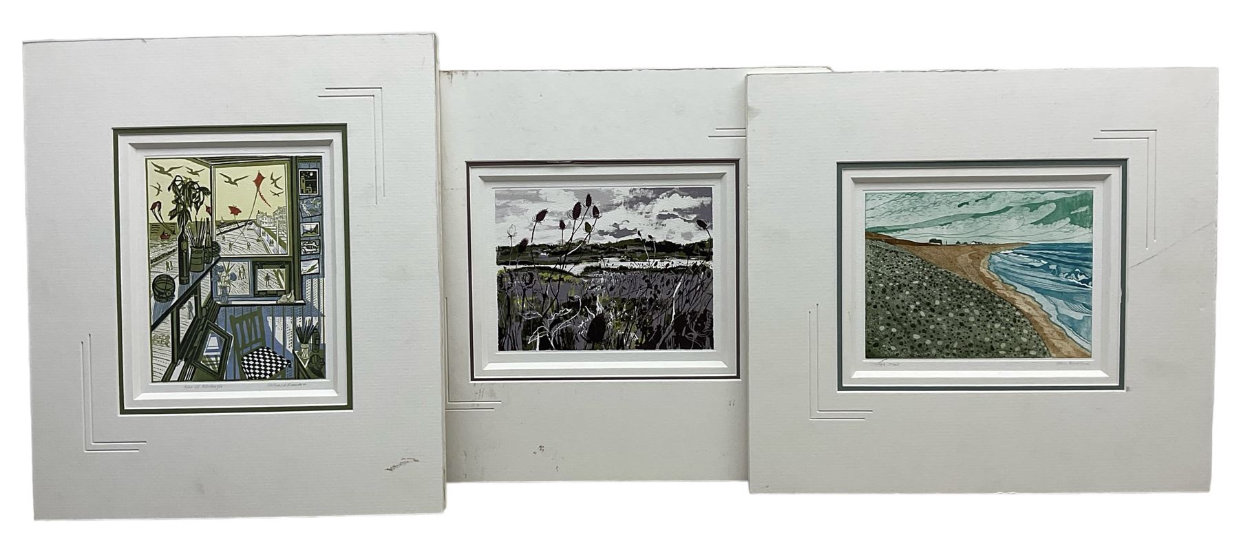 Three mounted prints: 'Shingle Street' after John Brunsdon, 'Aldeburgh' after Richard Bawden, and 'Wetlands II' after Andy Lovell (3)
