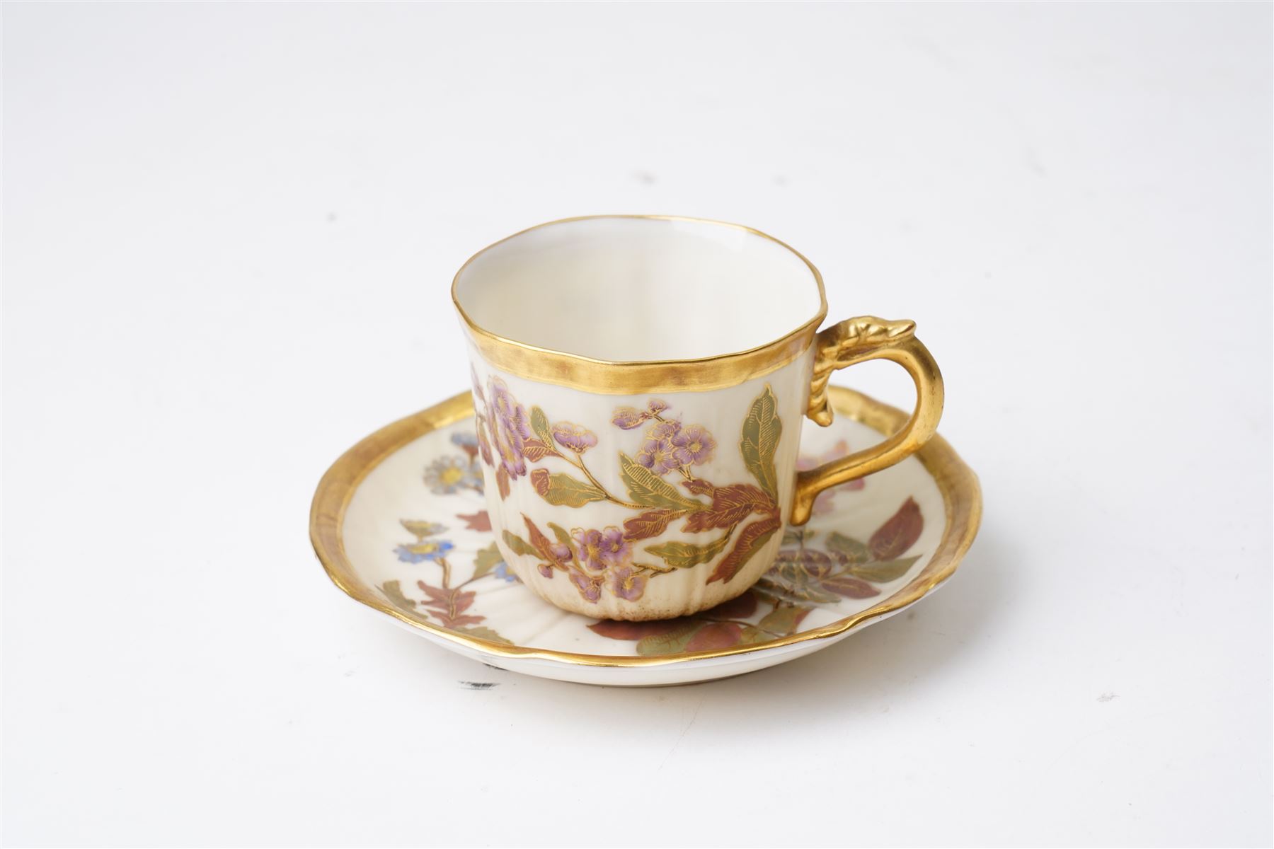 Collection of Worcester blush ivory, including a pot pourri and a pair of candlesticks by George Grainger & Co, with brown and green stamps to bases, together with a teacup and saucer with marks in puce, candlesticks H12cm 