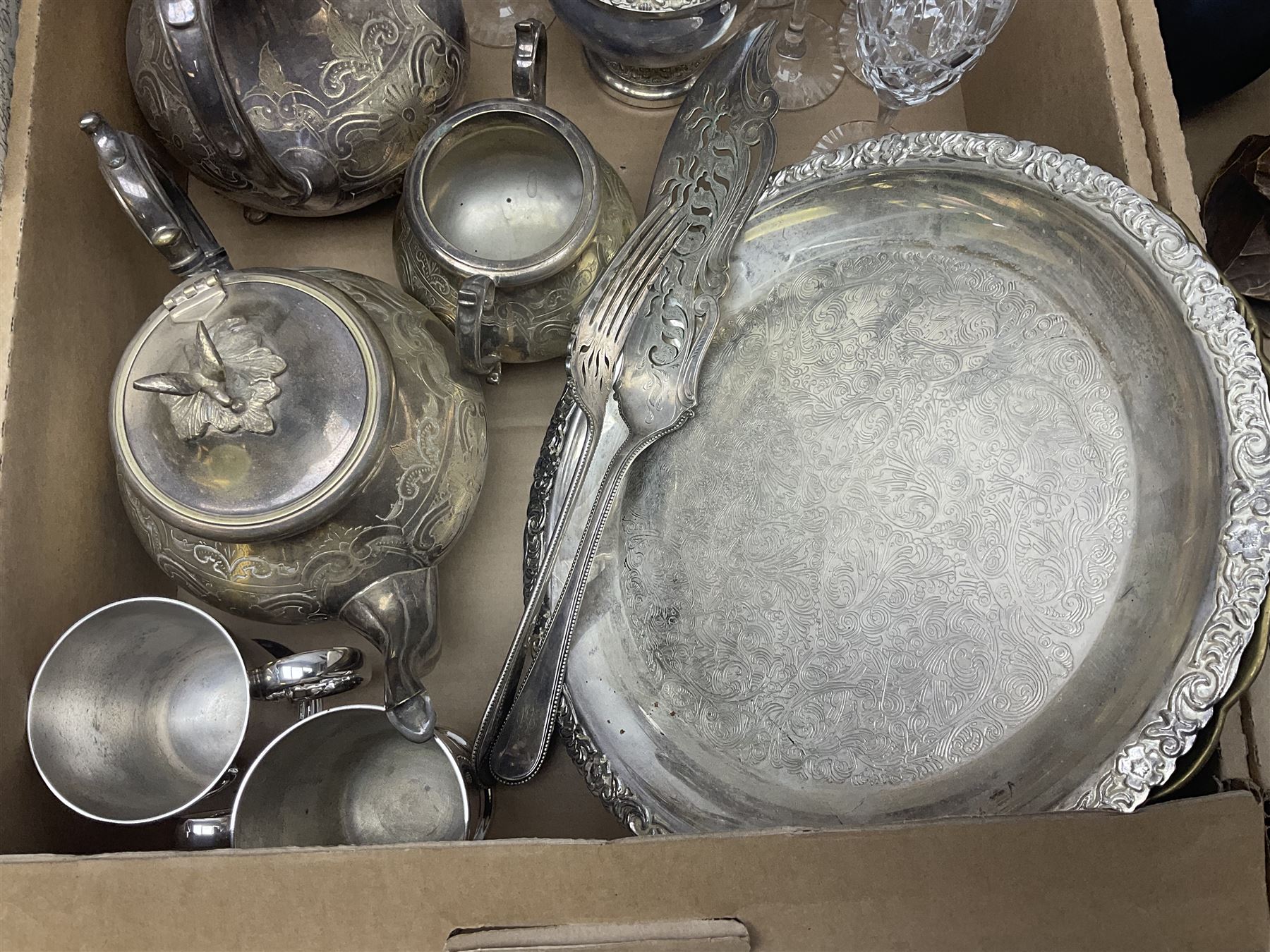 Franklin Heirloom Victorian christening doll, six children's annuals including star Wars annual No.1, Coalport Visiting Day figurine, set of six cut glassl champagne flutes, sliver plated tea service, two carved eagle figures and a collection of other ceramics and glassware, in three boxes