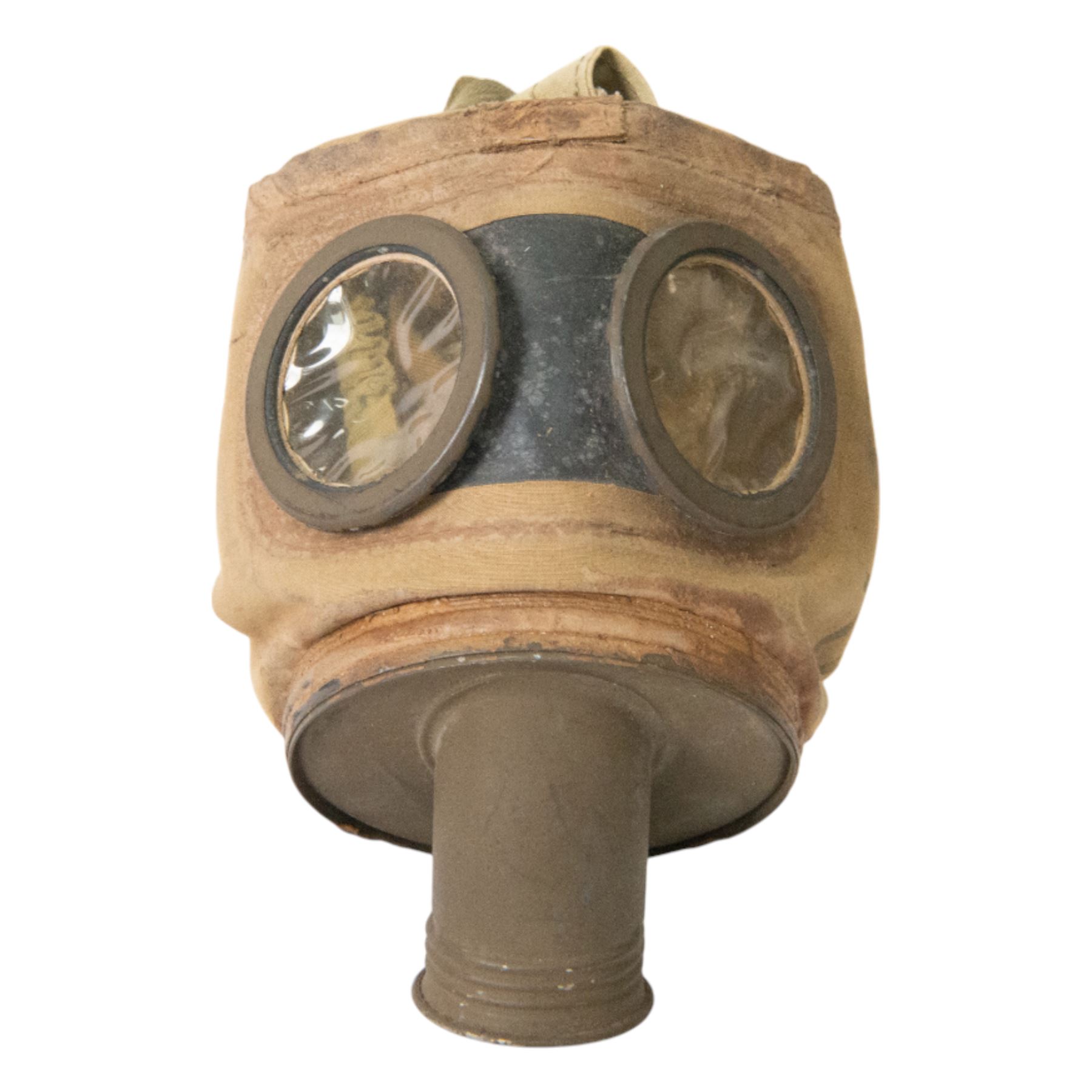 1940's French Army gasmask in canvas bag, together with pre 1938 gas mask filter, the filter marked S.E.C.M.P. 36-2 A.C 34 403 S.E.C.M.P 36-4 