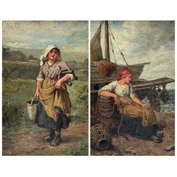 Charlotte M Noble (British exh.1880-1897): The Fisherwoman and the Milkmaid, pair oils on canvas signed 28cm x 17cm (2)