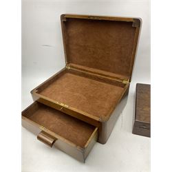 Early 20th century mahogany canteen box, the hinged lid lifting to reveal brown velvet lined interior above single drawer, together with mahogany part canteen containing various Sheffield cutlery, largest H17.5cm, L40cm, D30cm