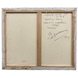 James Lishman (British 1931-2024): 'Pit Stop - Damon Hill World Formula 1 Champion 1996' and 'Rounding the Horn', two oils on canvas signed, titled and dated '97 verso 66cm x 79cm (2) (unframed)