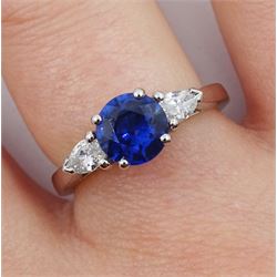 Platinum round Ceylon sapphire and pear shaped diamond three stone ring, hallmarked, sapphire approx 1.50 carat