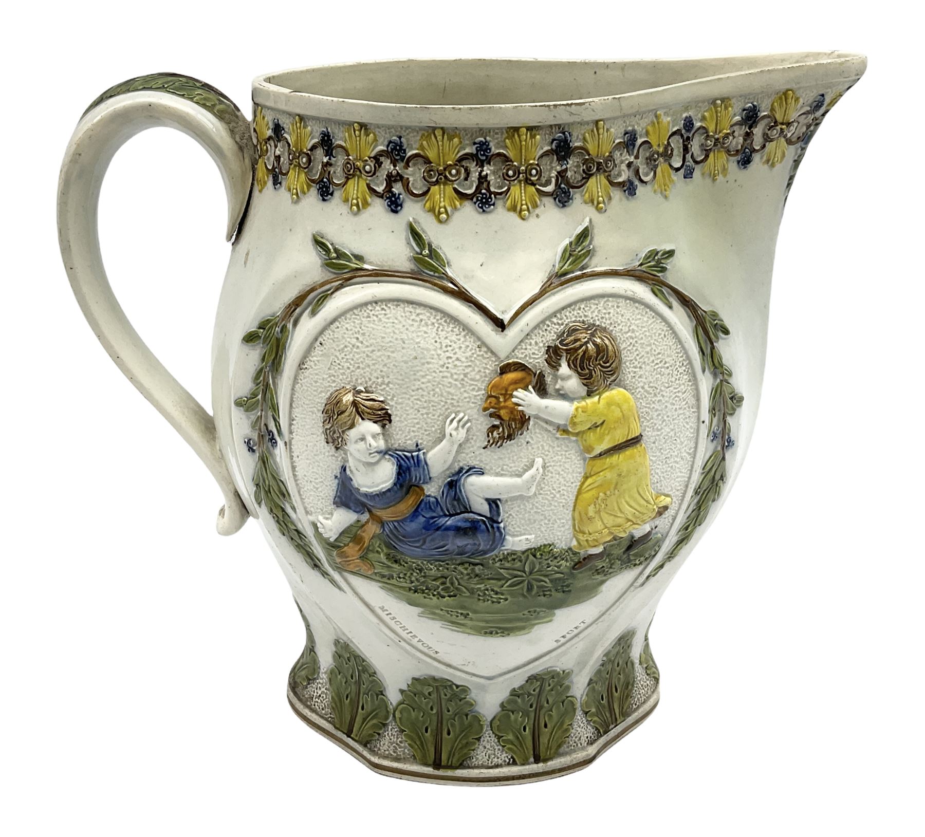Early 19th century Prattware jug, circa 1800, decorated with two heart shaped panels of children, titled Sportive Innocence and Mischievous Sport, further decorated with acanthus and foliate borders, H22cm