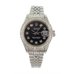 Rolex Oyster Perpetual Datejust 1999 ladies stainless steel automatic wristwatch, black fancy colour diamond dot dial with date aperture, diamond set bezel, model no. 79240, serial no. A383715
