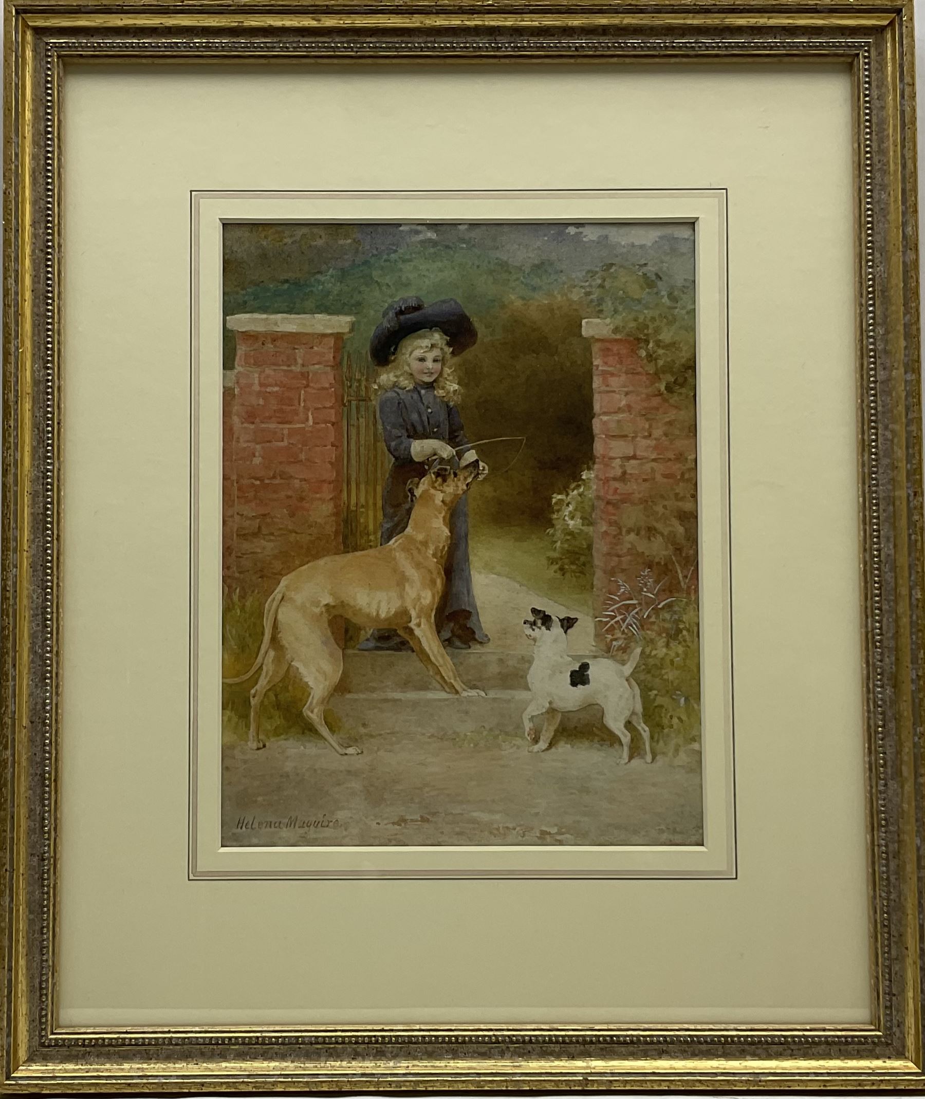 Helena Maguire (British 1860-1909): Girl at the Garden Gate with Two Dogs, watercolour signed 28cm x 21cm