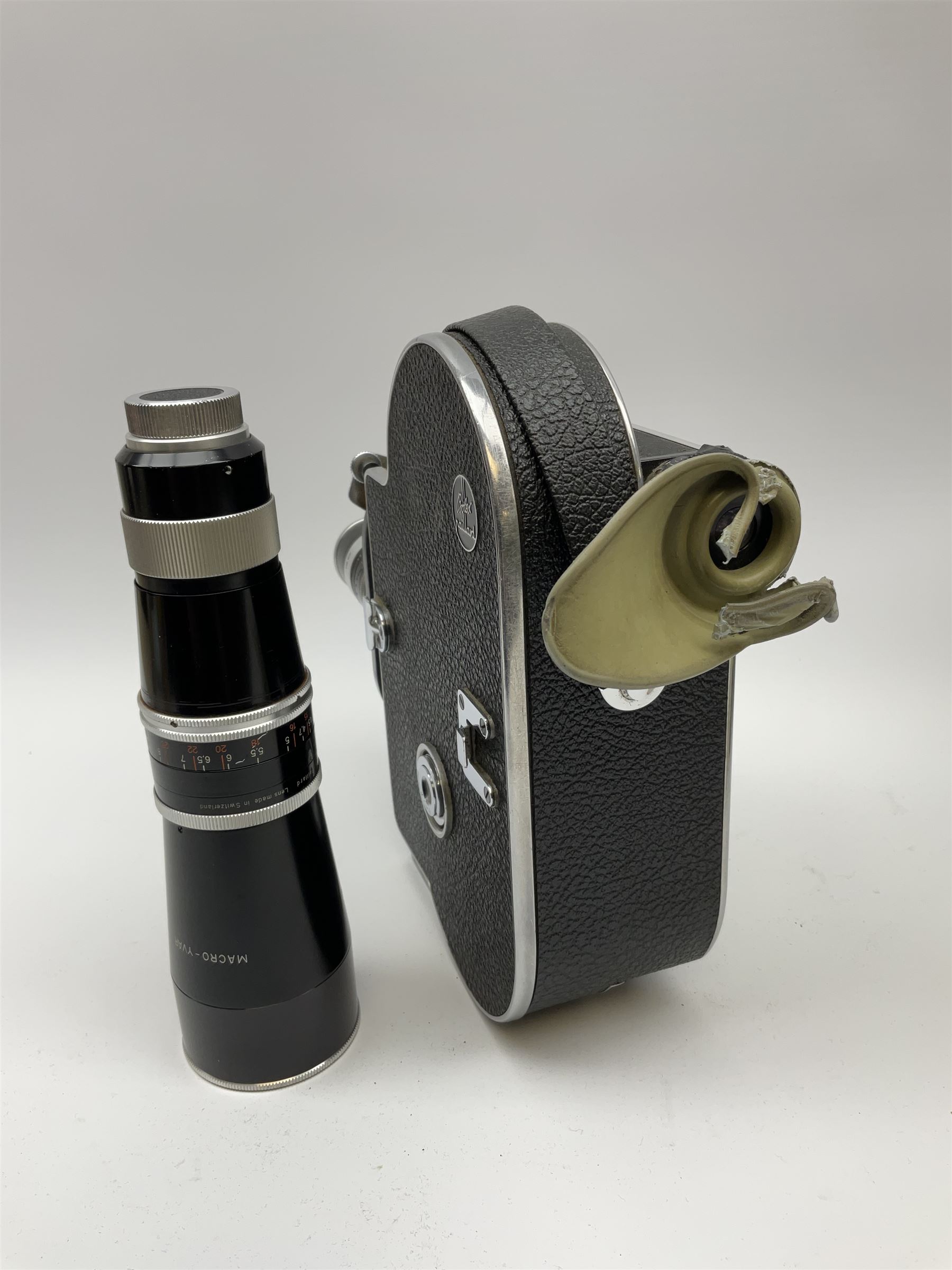 Bolex H8 Reflex 8mm cine camera with handgrip and turret for interchangeable lenses, KERN macro-switar 1:1,4 f=36mm H8 RX lens, KERN macro-switar 1:1,3 f=12,5mm H8 RX lens, KERN macro-switar 1:1,6 f=5,5mm H8 RX lens, KERN MACRO-YVAR 1:3,3 f=150mm lens 