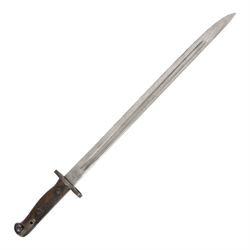 British bayonet, the 44cm blade stamped to the the ricasso Sanders, with wooden two piece grip,  in a steel scabbard with canvas frog, overall L58cm