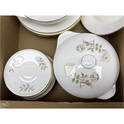 Royal Doulton Yorkshire Rose pattern tea and dinner wares, to include twelve cups, ten saucers, milk jug, eleven dinner plates, fourteen bowls, two covered tureens etc (67)