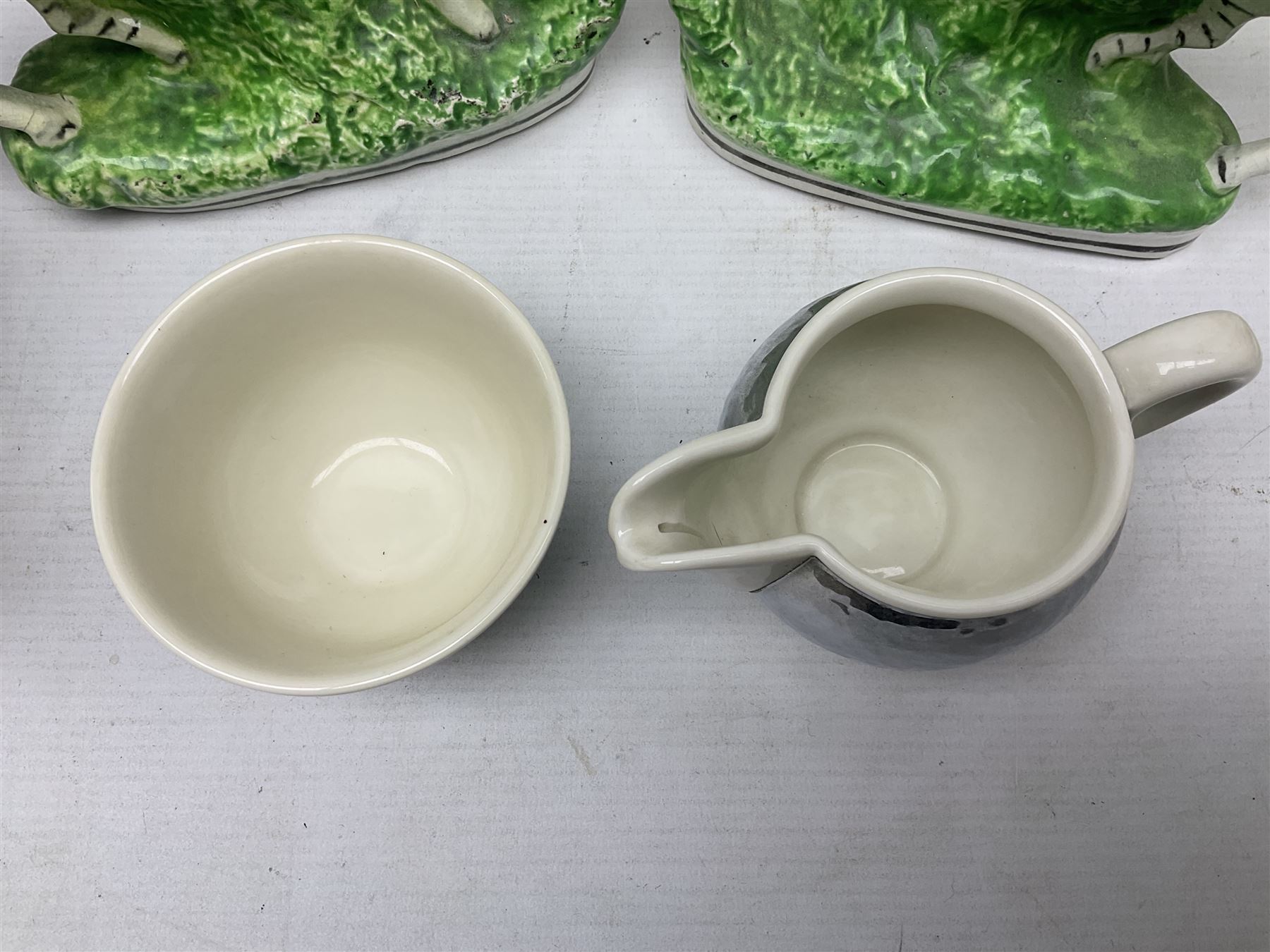 Stayhot teapot and coffee pot, with silver plate clad ceramic bodies, together with another similar coffee pot, jug and sucrier, Staffordshire style flatback figures comprising pair of zebras and cavalier type figure, Melba Ware woodland jug etc