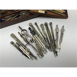 Drawing instruments - approximately thirty, various makes and ages, including compasses, dividers, pens etc, some with turned bone handles; and Victorian mahogany empty instrument case with lift out tray