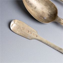 Collection of silver flatware, comprising set of six Georgian teaspoons, three Victorian Exeter silver dessert forks, Georgian Old English pattern table spoon, etc all hallmarked