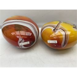Pair of heavy art glass vases of ovoid form with marbled design on merging yellow, orange and red ground, H37cm