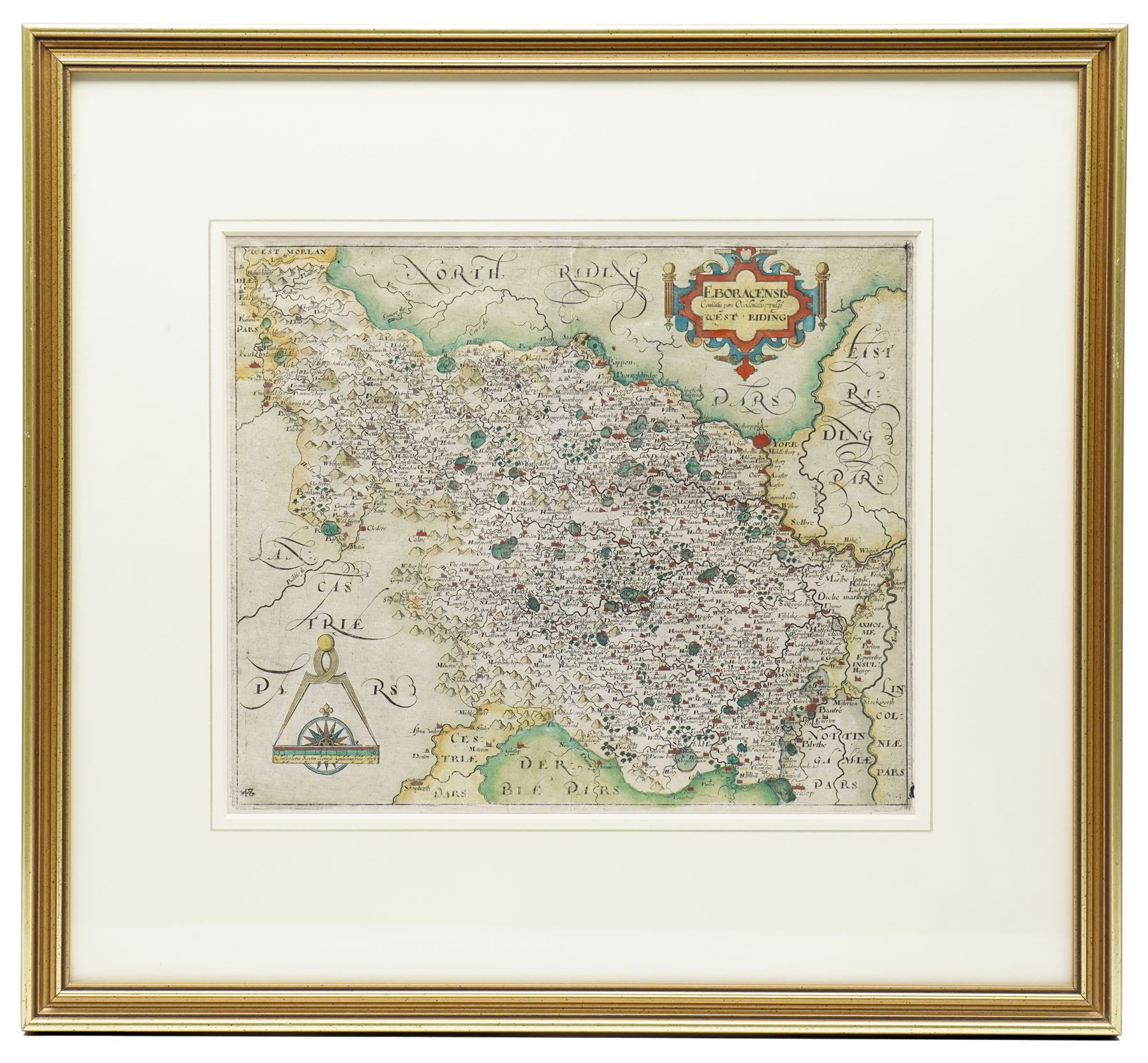 
Gulielmus Hole (British ?-1624) and Christopher Saxton (British 1540-1610): 'Eboracensis Comitatus pars Occidentalis vulgo West Riding', 17th century engraved map of the West Riding Yorkshire with hand-colouring pub. 'Camden's Britannia' c.1607, 27cm x 32cm
