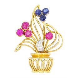 18ct gold round cut ruby, sapphire and diamond flower basket brooch, London 1952