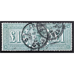  Queen Victoria one pound green stamp, two postmarks  