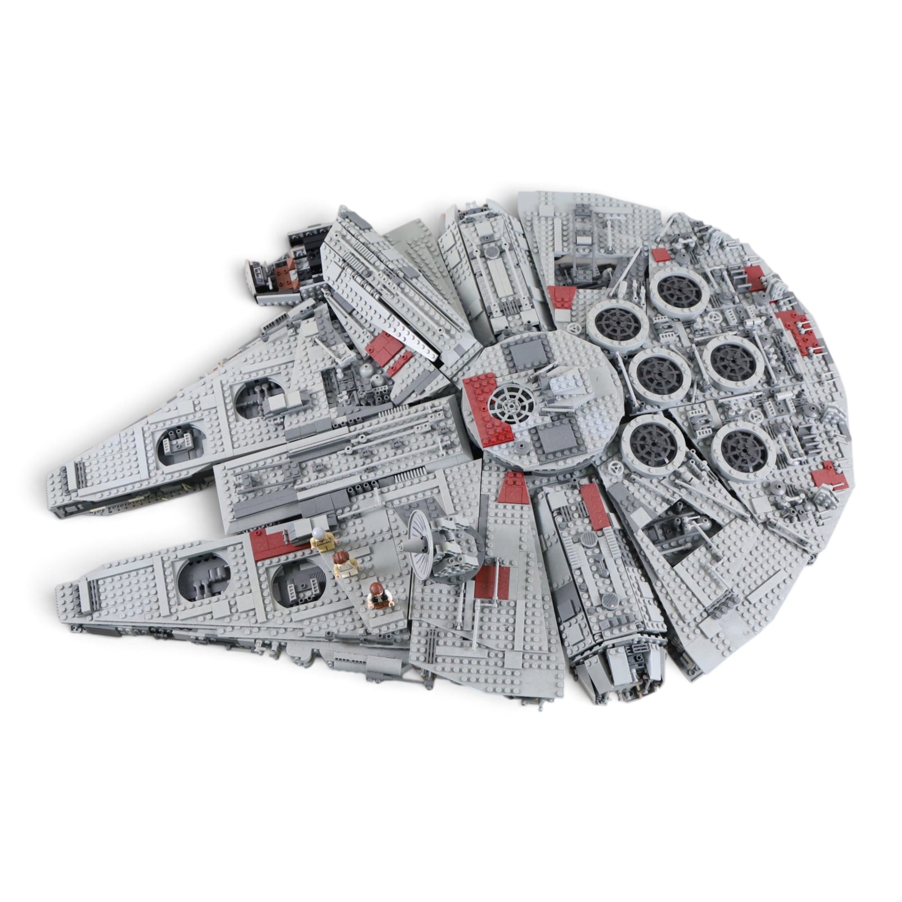 Three Lepin Star Wnrs built models, comprising Red Five X-Wing Starfighter no. 05039, Millennium Falcon no. 05132 and Super Star Destroyer no. 05028