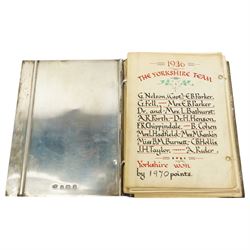 'The Roses County Contract Bridge Match, Yorkshire V Lancashire presented by Capt. G Fell 1936 for a record of the teams' - A silver booklet decorated with enamel roses containing hand drawn lists of the teams 1936 together with other team lists 1955-1984 15cm x 10cm Birmingham 1936 Maker S Blackensee & Son Ltd