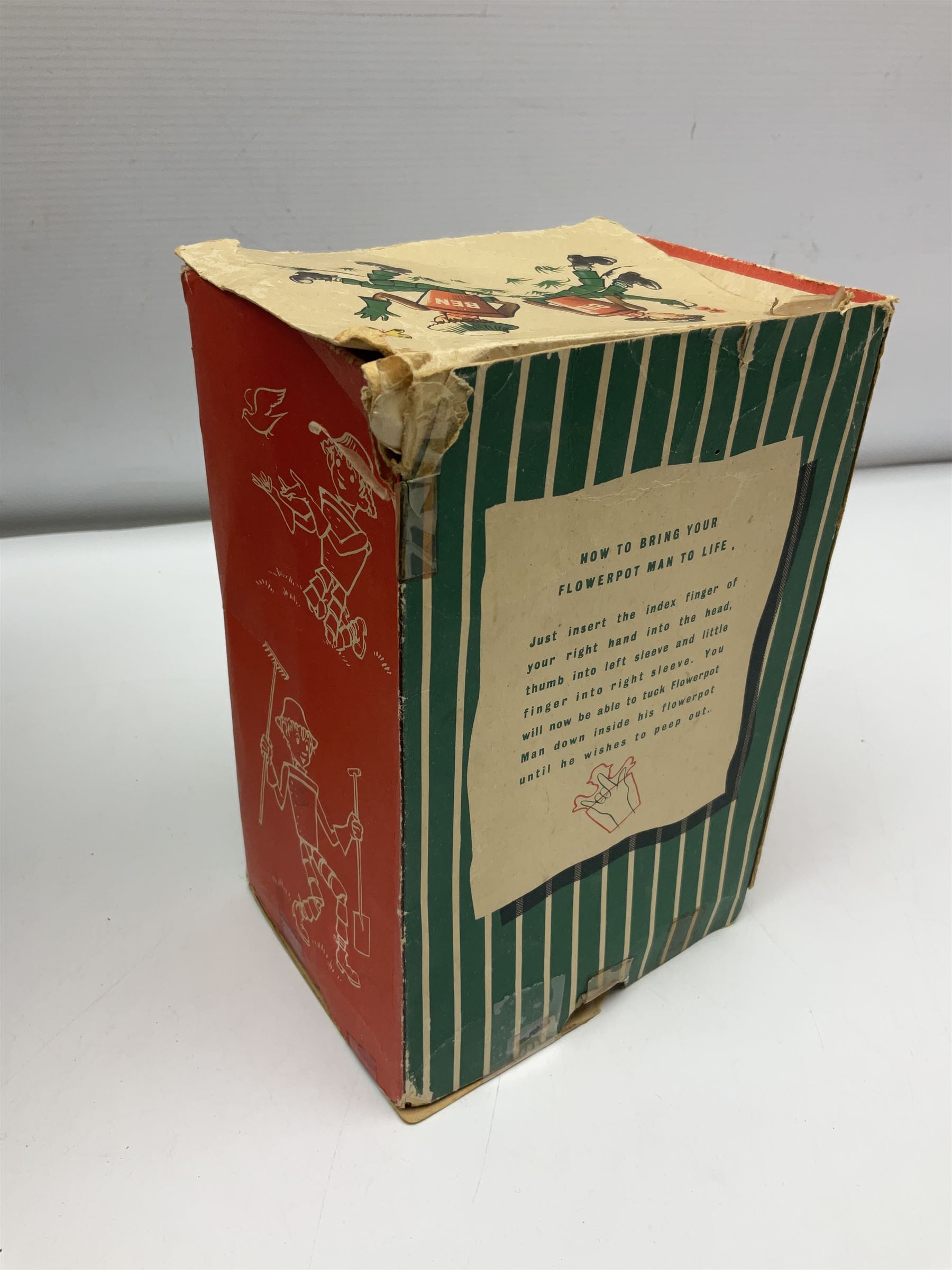 1950s/60s Palitoy 'Bill & Ben The Flower Pot Men' glove puppet; boxed; and 'The Flower Pot Men' vinyl drum shaped foot-stool/pouffe depicting Bill & Ben with sweeping brushes (2)