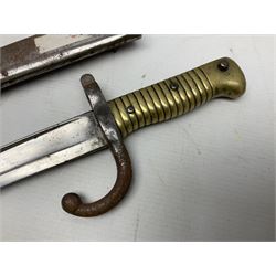 French model 1866 sabre bayonet, the 57.5cm curving blade marked St. Etienne 1873; in associated steel scabbard L71cm; and Mosin-Nagant M1891 socket bayonet with 43cm cruciform blade No.37068 (no scabbard) (2)