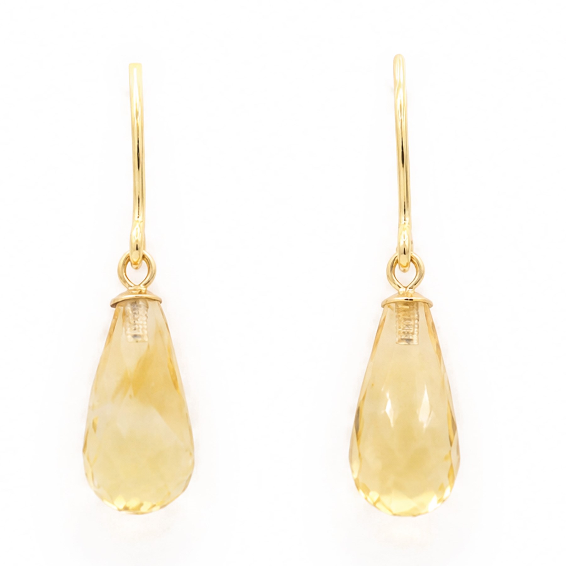 Pair of 9ct gold briolette cut citrine pendant earrings, stamped 375