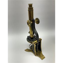 19th century Henry Crouch lacquered brass and black monocular microscope inscribed 'H. Crouch 51 London Wall London 476' with rack and pinion focusing H36cm, in fitted mahogany carrying case with extra lenses, twenty-six predominantly annotated prepared glass slides by W. Watson, Richard Suter, Wheeler, Thomas Groves etc including one marked Prize Medal Paris 1867, eight Walter White prepared card mounted slides and five original packets of C.J. Watkins unprepared specimens.