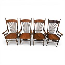 Set of eight 19th century ash and elm spindle back Windsor armchairs, arched top rails above fan-shaped spindle backs, curved arms with turned supports, shaped saddle seats, on turned legs joined by H-stretchers