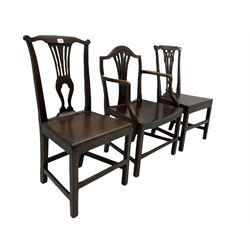 19th century oak and elm elbow chair, fret work splat and dished plank seat (W59cm), and two 19th century elm and oak side chairs