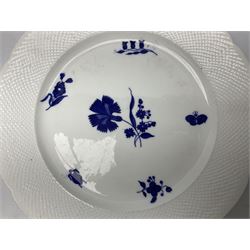 Three 19th century plates, comprising two circular examples and one oblong, each with osier moulded sides, the centres decorated in underglaze blue with Gillyflower type pattern, circular examples D25cm oblong example W27cm