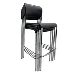 Set four Italian stacking bar stools, black back and seat over chrome supports