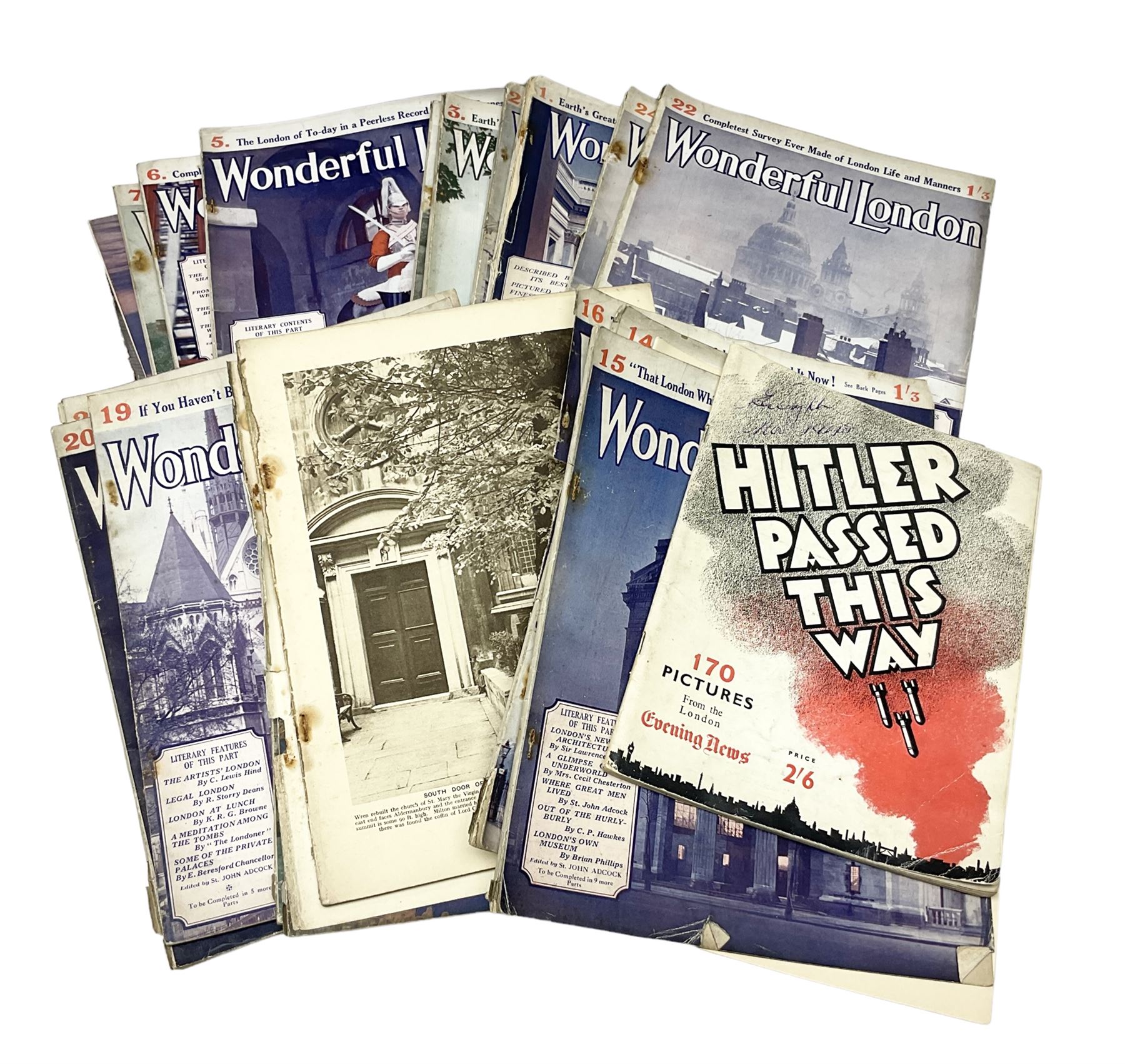 Twenty-three volumes of Wonderful London, early 20th century, edited by St John Adcock, together with WWII Hitler Passed This Way published by the London Evening News, together with Late 19th/early 20th century Amherst Imari style bowl, together with a Bisto blue bowl decorated with blossoming branches, quantity of 19th century and later blue and white ceramics to include twin handled footed dishes etc