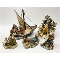 Collection of Capodimonte figures, comprising 'Home and Dry' H33.5cm, girl feeding geese H19cm, cobbler H17cm, boy lying down H11cm, and a Naples figure of man on a bench H27cm.   