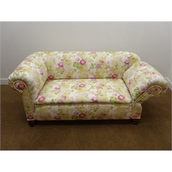  Edwardian two seat drop end chesterfield sofa, upholstered in 'Laura Ashley' floral hibiscus fabric on a cream striped ground with turned supports, W160cm  