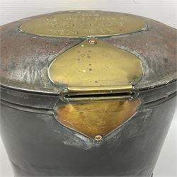 Late 19th/early 20th century steel and brass dairy pail or can, of oval form with swing handle, brass plaque to front and hinged cover inscribed 'F & T Ross Ltd Dairy Outfitters Hull', and 'New Milk F Clappison Dairy Farmer Hull', not including handle H30cm