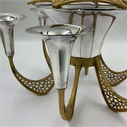 Modernist silver plated candelabra centrepiece by Stuart Devlin, with six pierced gilt branches supporting a central tapering cylindrical rose bowl and six fluted candle holders, with detachable star shaped gilt cover, stamped SD, TG to underside of central bowl, overall H17cm