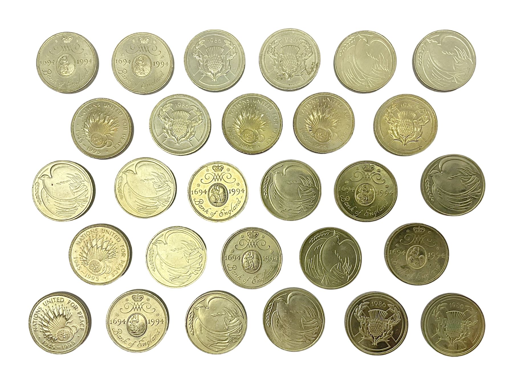 Twenty-eight Queen Elizabeth II old style two pound coins, including 1994 'Bank of England' etc