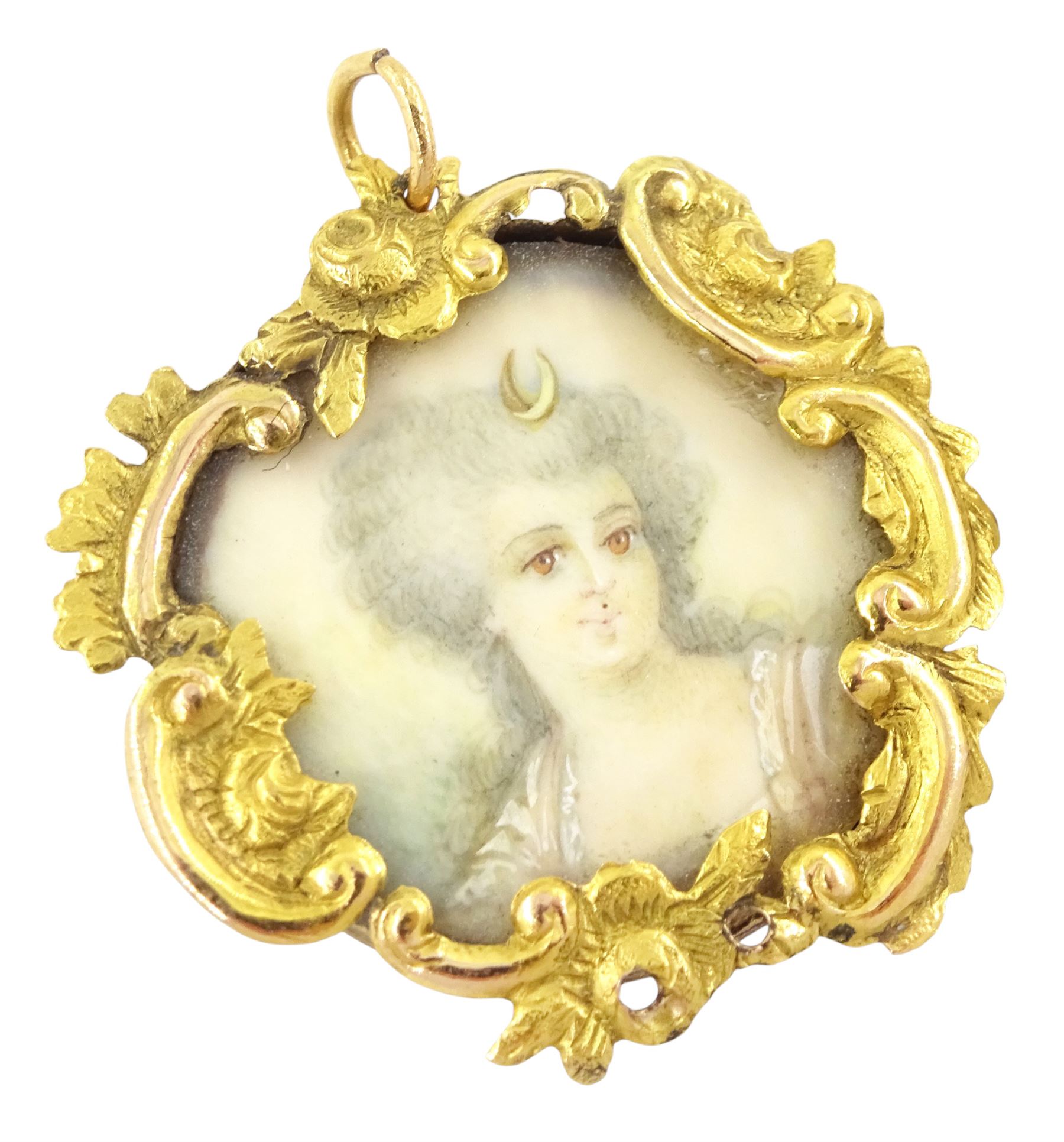 19th century gold pearl portrait brooch and similar pendant, each set with a miniature of a woman, on ivory, within gold scrolled frames. This lot has been registered for sale under Section 10 of the APHA Ivory Act