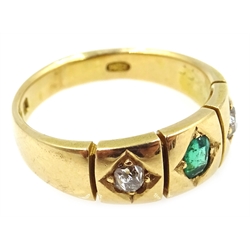  Three stone emerald and diamond Gypsy ring, London 1883 makers mark E M   